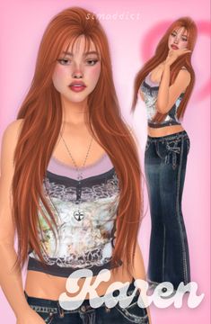 a girl with long red hair wearing jeans and a cropped top is standing in front of a pink background