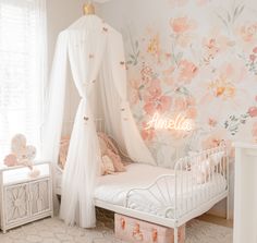 Dreamy pink girl’s bedroom: Take a tour of Amelia’s big girl room revamp with floral pink wallpaper and neon light Princess Bed Canopy, Princess Canopy Bed, Monochromatic Decor, White Bed Frame, Princess Bed, Boy Decor, Bed Canopy, Girl Beds