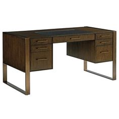 a wooden desk with two drawers and a glass top