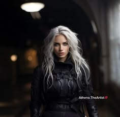 a woman with long white hair and black leather outfit standing in a dark hallway, looking at the camera