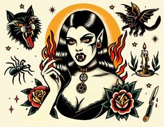 an image of a woman with tattoos on her body and devil's head in the background