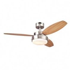 a ceiling fan with two wooden blades and a light on the bottom one is turned on