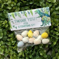 a bag filled with easter eggs sitting on top of a lush green bush next to a sign that says thank you for stomping by