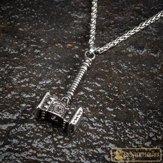 Thor's Hammer pendant in polished stainless steel with matching link chain ( 23.6" - 60cm ) Black Viking Metal Jewelry, Viking Style Stainless Steel Necklace For Gift, Viking Style Engraved Metal Necklaces, Engraved Gunmetal Stainless Steel Jewelry, Silver Viking Style Metal Necklace, Viking Style Silver Stainless Steel Jewelry, Viking Style Stainless Steel Pendant Necklace, Nickel-free Viking Style Stainless Steel Jewelry, Viking Style Silver Stainless Steel Necklaces