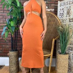 Rust Colored Cut Out With Front Knot Detail Midi/Midi Dress. Brand New Never Worn. Casual Fitted Maxi Dress With Cutout, Fitted Casual Maxi Dress With Cutout, Casual Fitted Cutout Maxi Dress, Casual Cutout Midi Dress For Date Night, Casual Orange Maxi Dress For Night Out, Casual Orange Maxi Dress For Date Night, Cut Out Dress, Out Dress, Color Orange