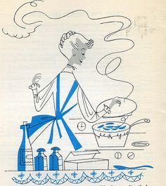 an old cookbook cover with a woman cooking in the kitchen and blue ink on paper