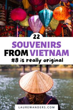 a woman wearing a hat with the words 22 souvenirs from vietnam is really original