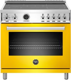 a yellow stove top oven with two burners and one door on the front side