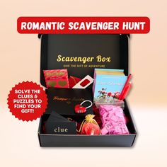 the romantic scavenger hunt box is packed with gifts