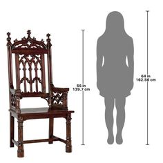 a wooden chair with the measurements for it