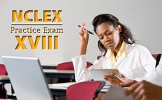 two women sitting at desks in front of laptop computers with the words nclex practice exam xiii