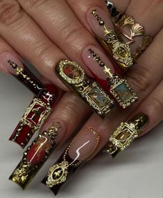 Mexican Acrylic Nails Design, Baroque Nails, Moms Nails, Jewelry Nails, Nails Sets, Nail Design Glitter, Junk Nails, Hippie Nails, Gold Nail