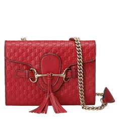 Gucci-Emily Guccissima Mini Shoulder Bag in Red - Runway Catalog Gucci Crossbody, Mini Cross, Gucci Leather, Double Chain, Mini Shoulder Bag, Feature Light, Leather Tassel, Handbag Backpack, Chain Strap