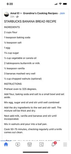 the recipe for starbucks's banana bread is shown on an iphone screen, and there are