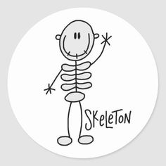 a sticker with a drawing of a skeleton in black ink on a white background