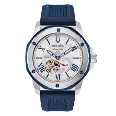 Bulova Marine Star Automatic Men's Watch 98A225 | Jared Bulova Watches, Blue Watches, Rubber Watches, Roman Numeral, Watch Movement, White Dial, Minerals Crystals, Men's Accessories, Men's Watch