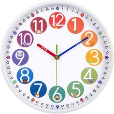 a white clock with colorful numbers on it