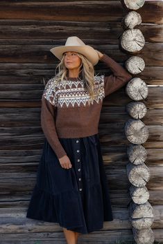 Don't leave this patterned sweater behind on all your adventures. Create the perfect Fall fit with the Into the Woods Sweater. Featuring thick and soft material, this is one you will want in your closet for years to come. thick material // paired with the free people crvy outlaw wide leg jeans + a dress coming soon Cozy Brown Sweater For Outdoor, Cozy Brown Outdoor Sweater, Cozy Brown Crew Neck Sweater, Fair Isle Sweater For Fall Outdoor, Fall Fair Isle Sweater For Outdoor, Outdoor Fair Isle Sweater For Fall, Fall Outdoor Fair Isle Sweater, Brown Nordic Sweater For Fall, Brown Crew Neck Sweater For Cold Weather