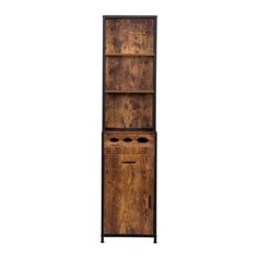 a tall wooden cabinet with two doors on the front and one door open to reveal an oven