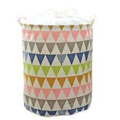 a large storage bag with colorful triangles on the front and bottom, sitting on a white background