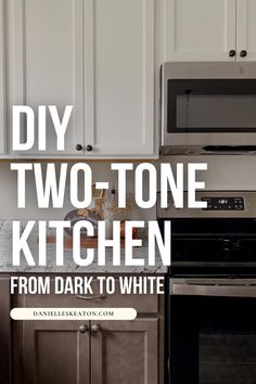 a kitchen with white cabinets and black appliances