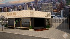 an artist's rendering of a small restaurant in front of a cityscape