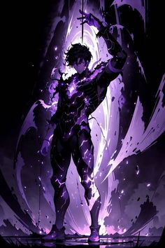 an anime character standing in front of a purple background with lightning and stars on it