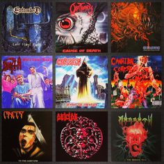 the cover art for various album covers, including one with an image of demonic creatures