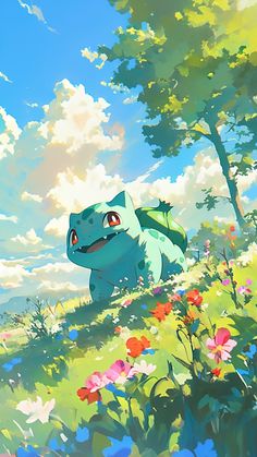 a painting of a blue and green pokemon sitting on top of a lush green field