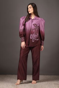 Shop for these amazing collections of Wine Chanderi Silk Embroidery Applique Shirt Collar And Bell Bottom Pant Set For Women by Sakshi Khetterpal online at Aza Fashions. Wine Pants, Embroidered Cuffs, Plum Wine, Boho Style Outfits, Women Dresses Classy, Embroidery Detailing, Cottagecore Fashion, Applique Shirts, Beautiful Dress Designs