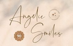 the label for an angelie smiles product is shown in brown ink on a white background