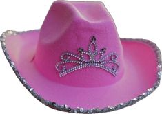 Pink Cowgirl Hat With Tiara - It Lights Up! - Cowgirl Clutch Pink Western Style Cap, Western Style Pink Cap, Pink Western Cap Hat, Pink Brimmed Felt Hat For Country Events, Pink Western Felt Hat For Country Events, Pink Felt Hat With Curved Brim For Country Events, Pink Brimmed Hats For Country Events, Pink Curved Brim Felt Hat For Country Events, Pink Western Wide Brim Costume Hat