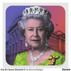 an image of the queen of england on a square sticker with buildings in the background