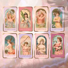 six playing cards from the early 1900's depicting women in different poses and hair styles