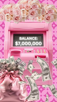 a pink cash machine with money coming out of it and the words balance $ 7, 000