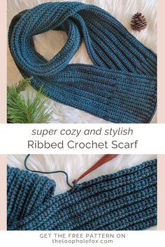 the super cozy and stylish ribbed crochet scarf is shown in two different colors