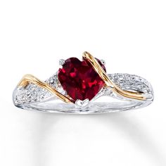 This romantic ring for her showcases a heart-shaped lab-created ruby embraced in swirls of 14K yellow gold. A duet of round diamonds set in sterling silver lend brilliant contrast to complete the look. 2024 Wishlist, How To Wear Rings, Ring Inspo, Romantic Rings, Rose Gold Morganite, Flower Engagement Ring, Ruby Engagement Ring, Rose Engagement Ring, Ring Diamond