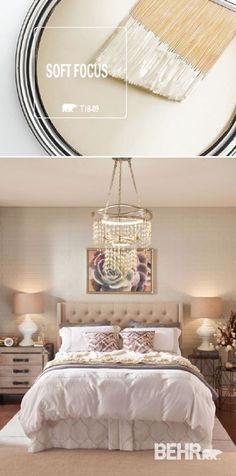 two pictures show the same bed and nightstands in different rooms, one with a chandelier