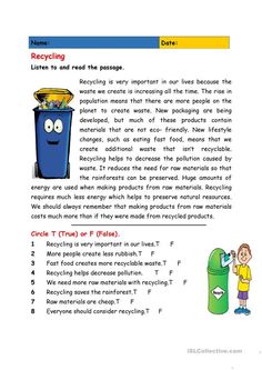 Reduce Reuse Recycle Worksheet, Recycle Worksheet, Reading Comprehension For Kids, Esl Reading, Reading Comprehension Lessons, English Teaching Materials, English Worksheets For Kids, Reading Comprehension Activities, Reading Comprehension Passages