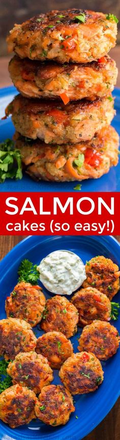 salmon cakes are stacked on top of each other