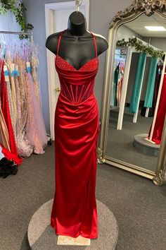 2023 spaghetti straps red satin mermaid long prom dress with slit #promdresses #prom2024 Pageant Evening Dress With Corset Back And Fitted Bodice, Red Satin Corset Dress With Fitted Bodice, Red Evening Dress With Spaghetti Straps And Fitted Bodice, Fitted Evening Dress With Corset Back For Pageants, Red Spaghetti Strap Evening Dress With Fitted Bodice, Satin Gown With Sweetheart Neckline For Homecoming, Fitted Satin Homecoming Gown, Red Fitted Evening Dress For Pageant, Burnt Orange Prom Dress