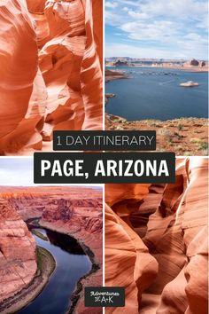 the page is filled with photos and text that says 1 day itinerary page, arizona