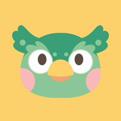 a green bird with big eyes on a yellow background