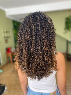 Curly Hair With Partial Highlights, Curly Hair Foils, Chocolate Beige Balayage, Fall Hair Curly Natural Curls, 3b Hair With Highlights, Curly Hair 3b/3c Highlights, Blonde Highlights Dark Curly Hair, Brown Curly Hair With Light Brown Highlights, Honey Caramel Highlights On Curly Hair