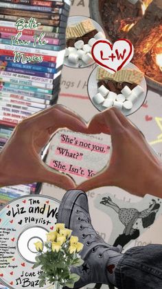 a collage of pictures with various items in the shape of a heart and two hands making a heart