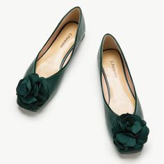 Harmonious Green Palette: Flower Decor Ballerina Square Toe Flats, Brown Mary Janes, Flower Flat, Elegant Flats, Square Toe Shoes, Fashion Silhouette, Flats For Women, Slip On Dress Shoes, Social Dresses