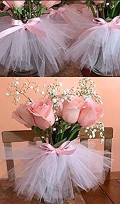 two pictures of pink roses in a tulle vase