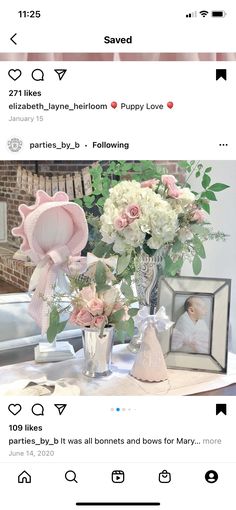 an instagram page with flowers in vases and pictures on the table, as well as other posts