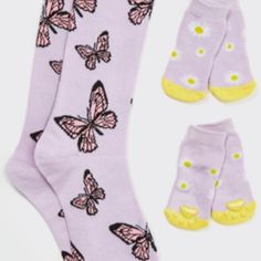 "Get Snuggle With Your Best Friend" A Pair Of Matching Socks For You And Your Fur Baby Featuring A Butterfly Print And Daisy Print On Light Purple With Silicone Grips On The Foot Matching Set Includes 1 Pair & 1 Set 97% Polyester, 3% Spandex, Machine Wash Imported. Human Socks: One Size Fits Most Dog Sock Size: For Medium Size Dogs Cute Non-slip Socks For Spring, Cute Spring Playtime Socks, Casual Cotton Socks For Playtime, Medium Size Dogs, Matching Socks, Dog Socks, Medium Sized Dogs, Daisy Print, A Butterfly