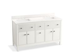 a white bathroom vanity with two sinks and drawers on the front, against a white background